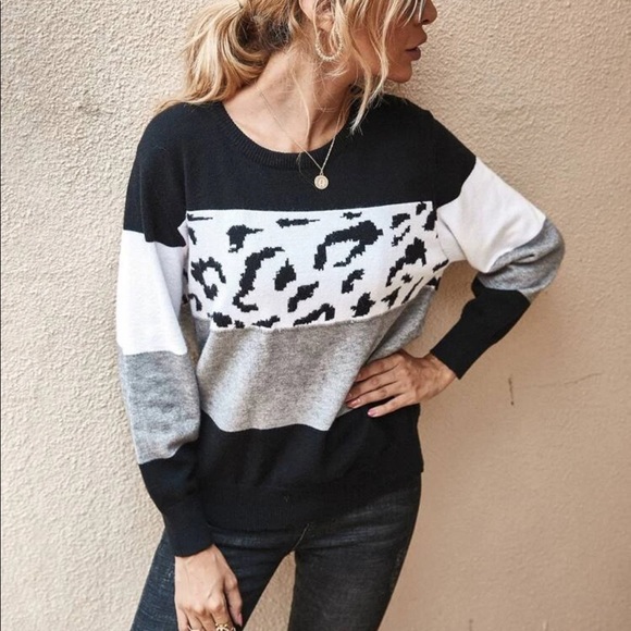 Color block stripe leopard print knit sweater pink - Picture 5 of 8